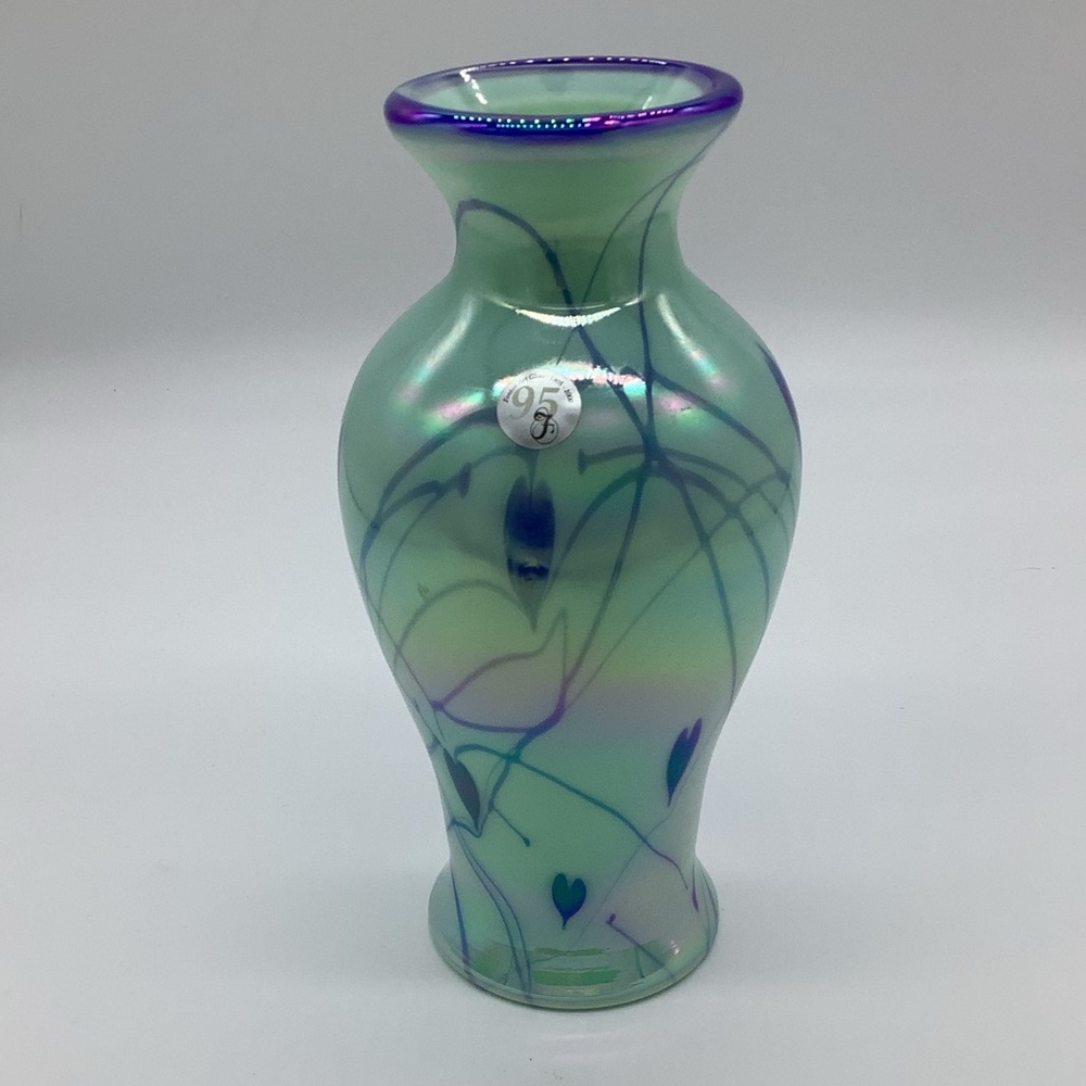 Fenton Dave Fetty designed Willow Green Hanging hearts vase. Numbered.H